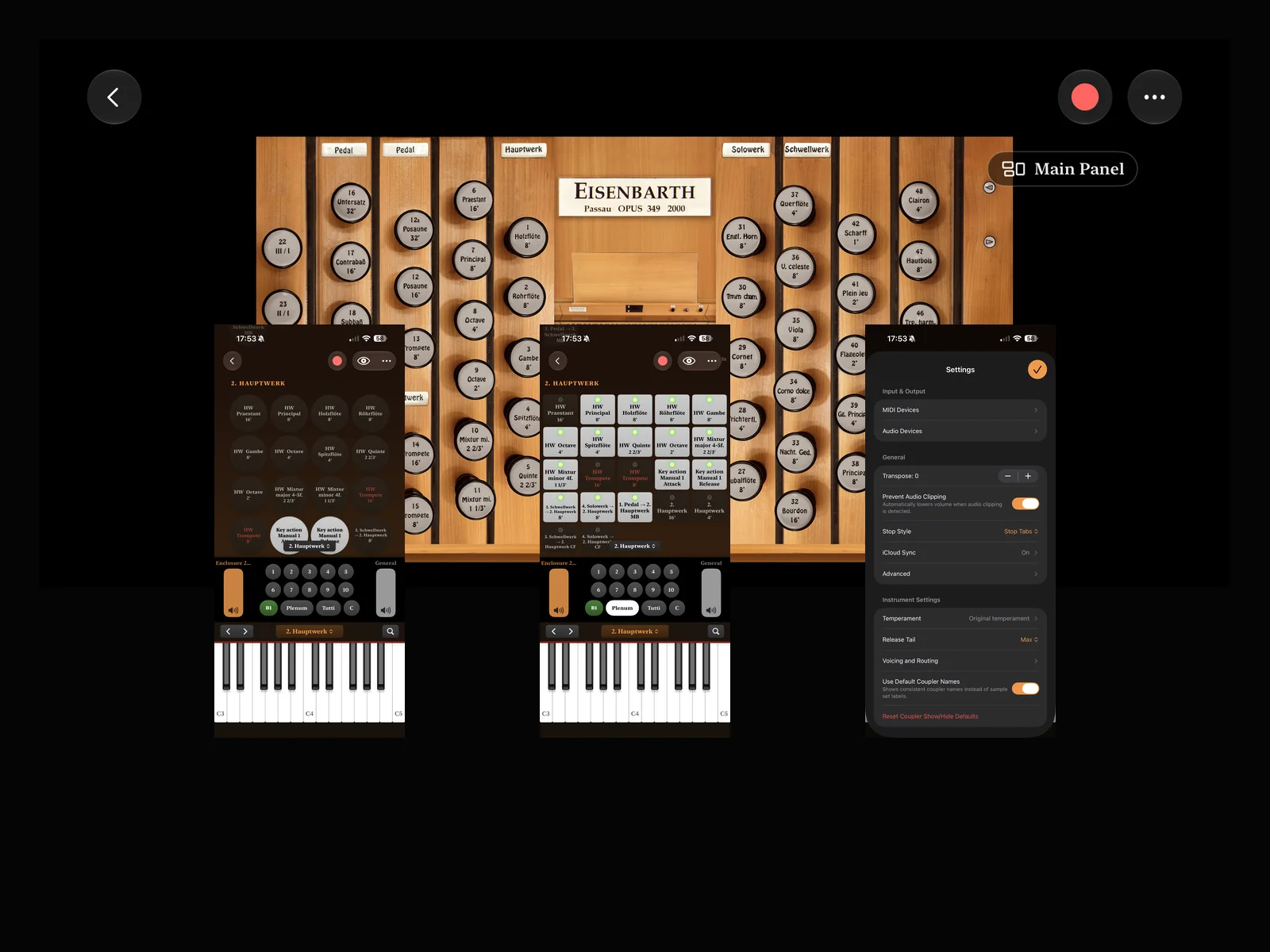 Manualis pipe-organ console with complete iPhone registration and settings screens