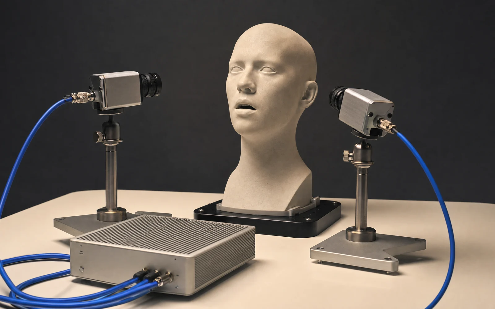 Two calibrated machine-vision cameras connected to an edge-compute unit for visual speech research