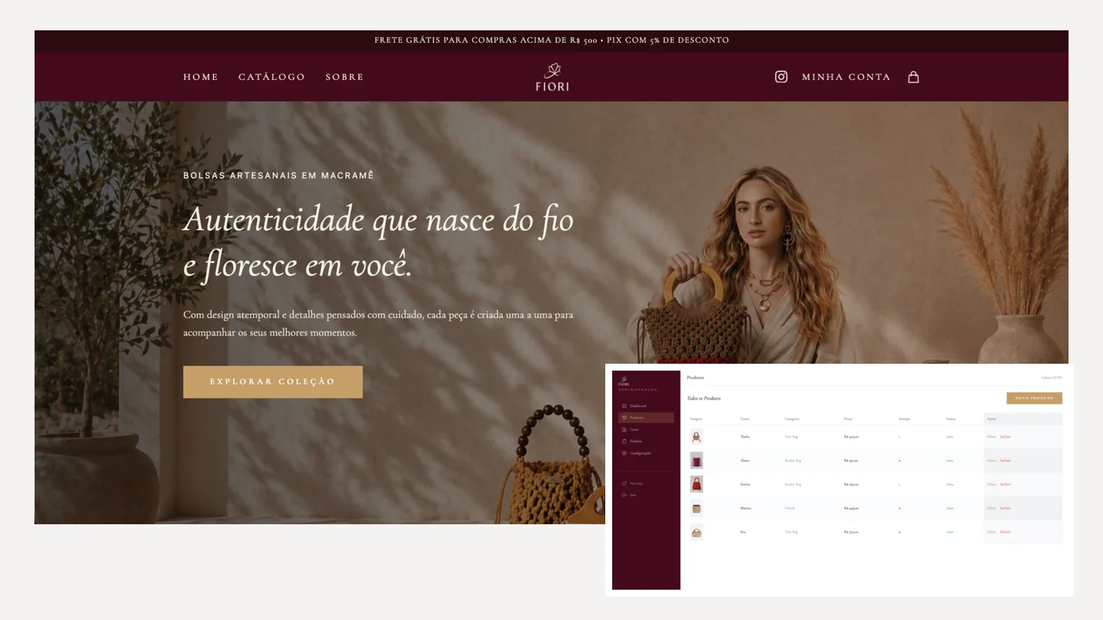 FIORI Brazil handcrafted bag storefront with its product administration system