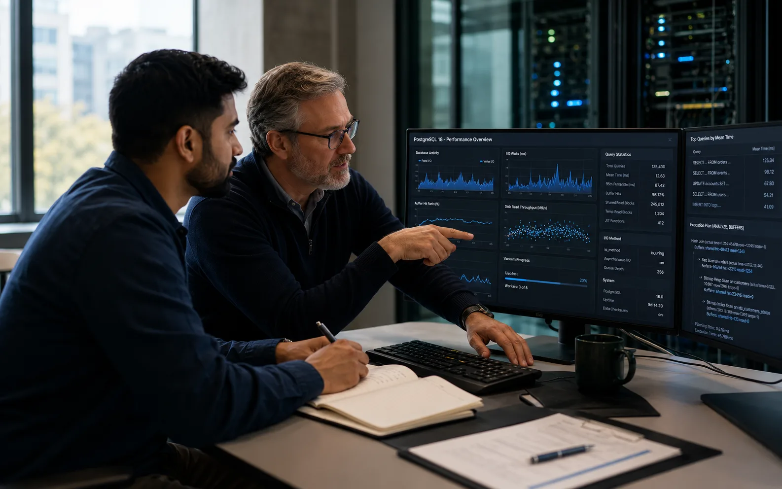 Two data engineers examining database performance traces beside a server room.