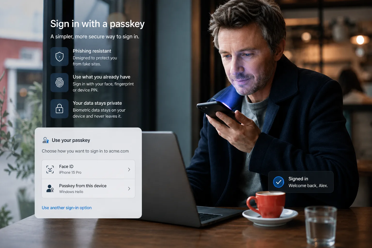 A commuter confirming a passkey sign-in on a phone beside an open laptop in a café.