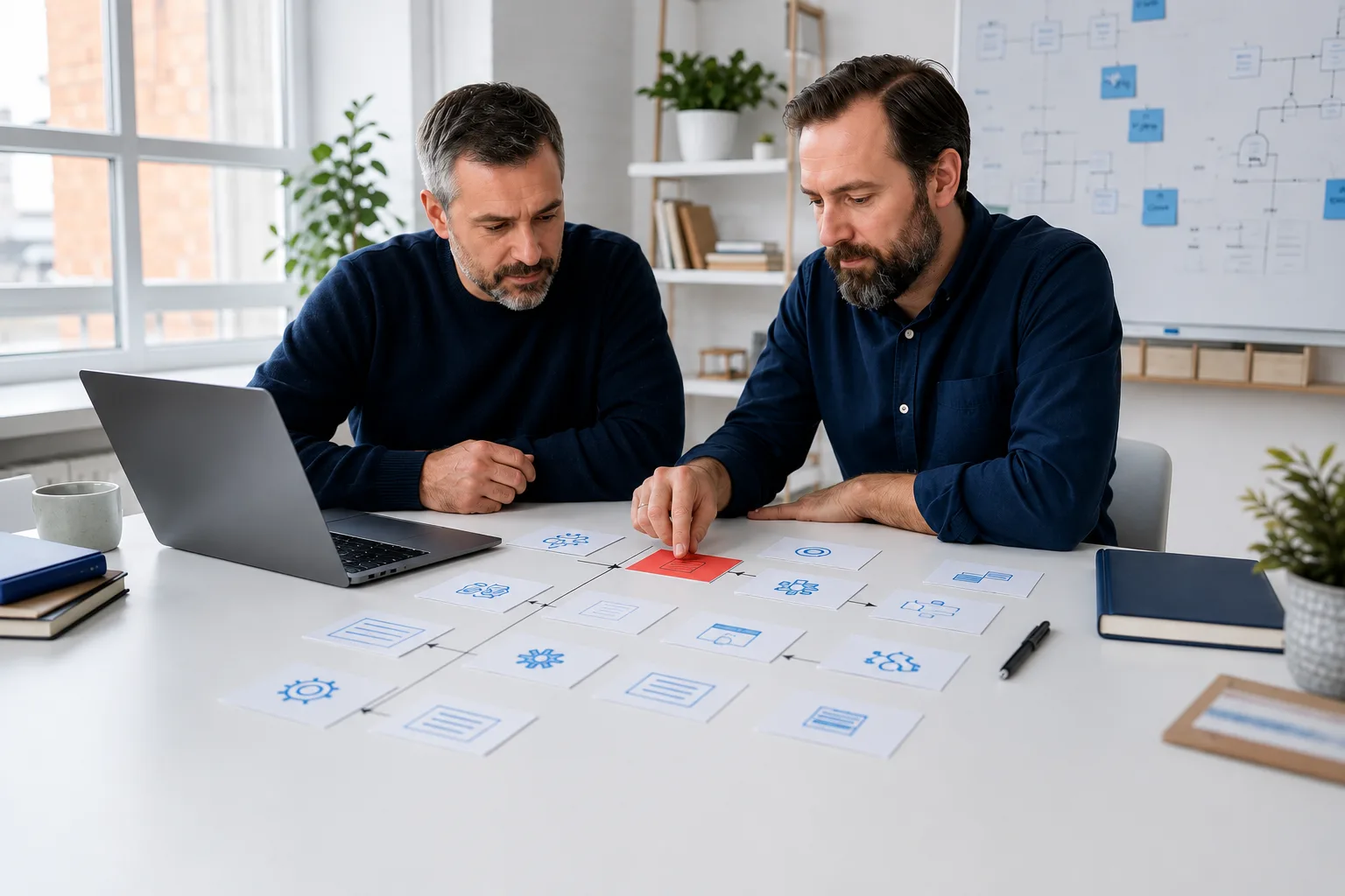 Two senior engineers pairing over a laptop and a physical dependency map during a framework upgrade.