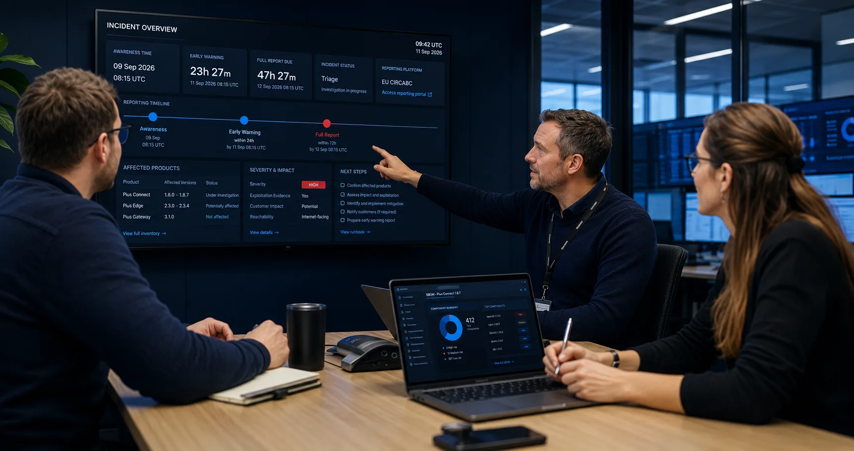 A software incident response team reviewing a vulnerability timeline in an operations room.