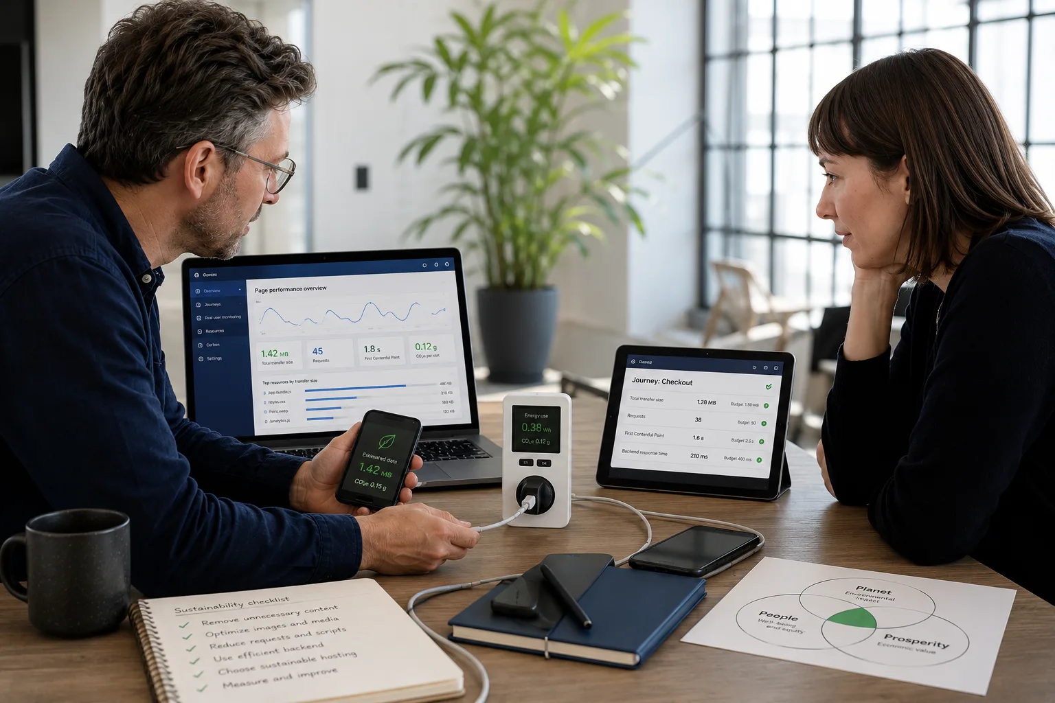 A web performance engineer and product designer testing a service across older devices with a power meter.