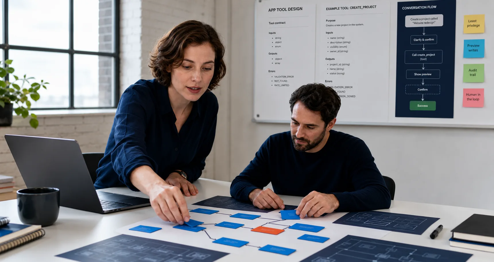 A product lead and integration engineer mapping connections between business systems at a workshop table.