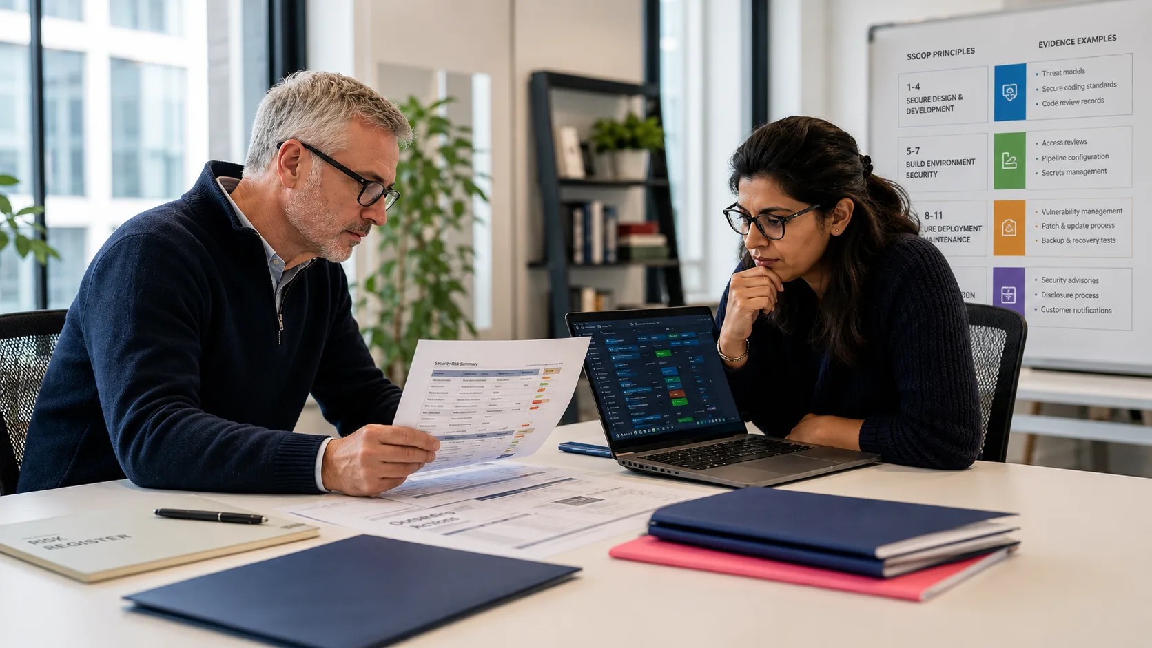 A security specialist and engineering lead reviewing software component and build evidence together.