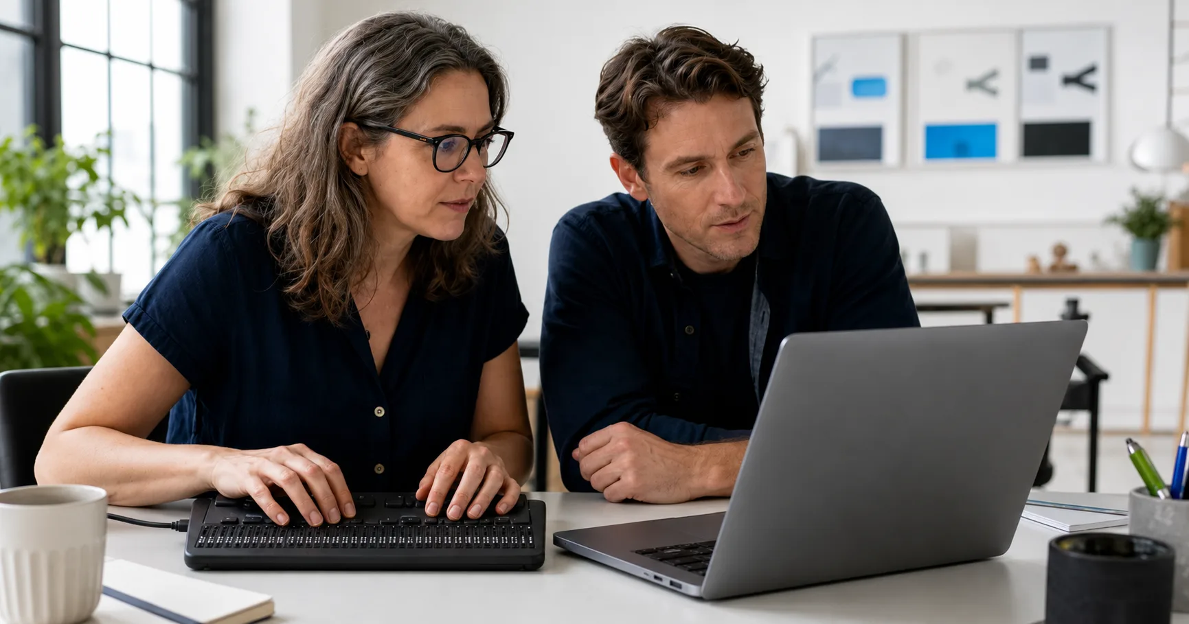 An accessibility specialist using a braille display while testing a website with a product designer.