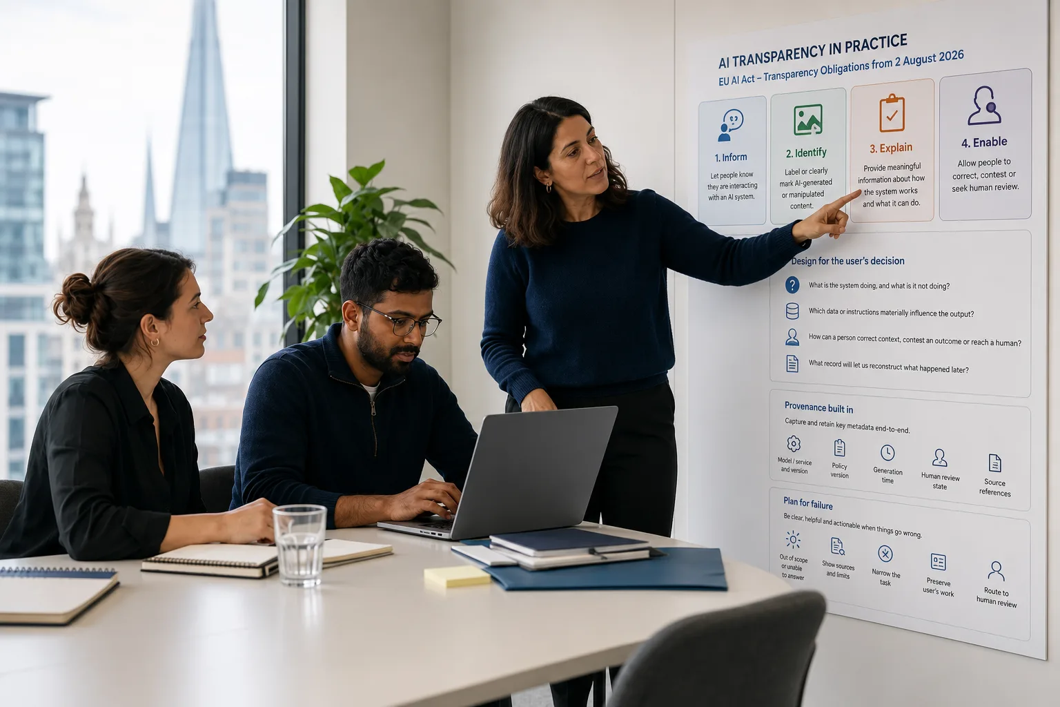 Three product specialists reviewing a colour-coded AI governance plan in a London meeting room.