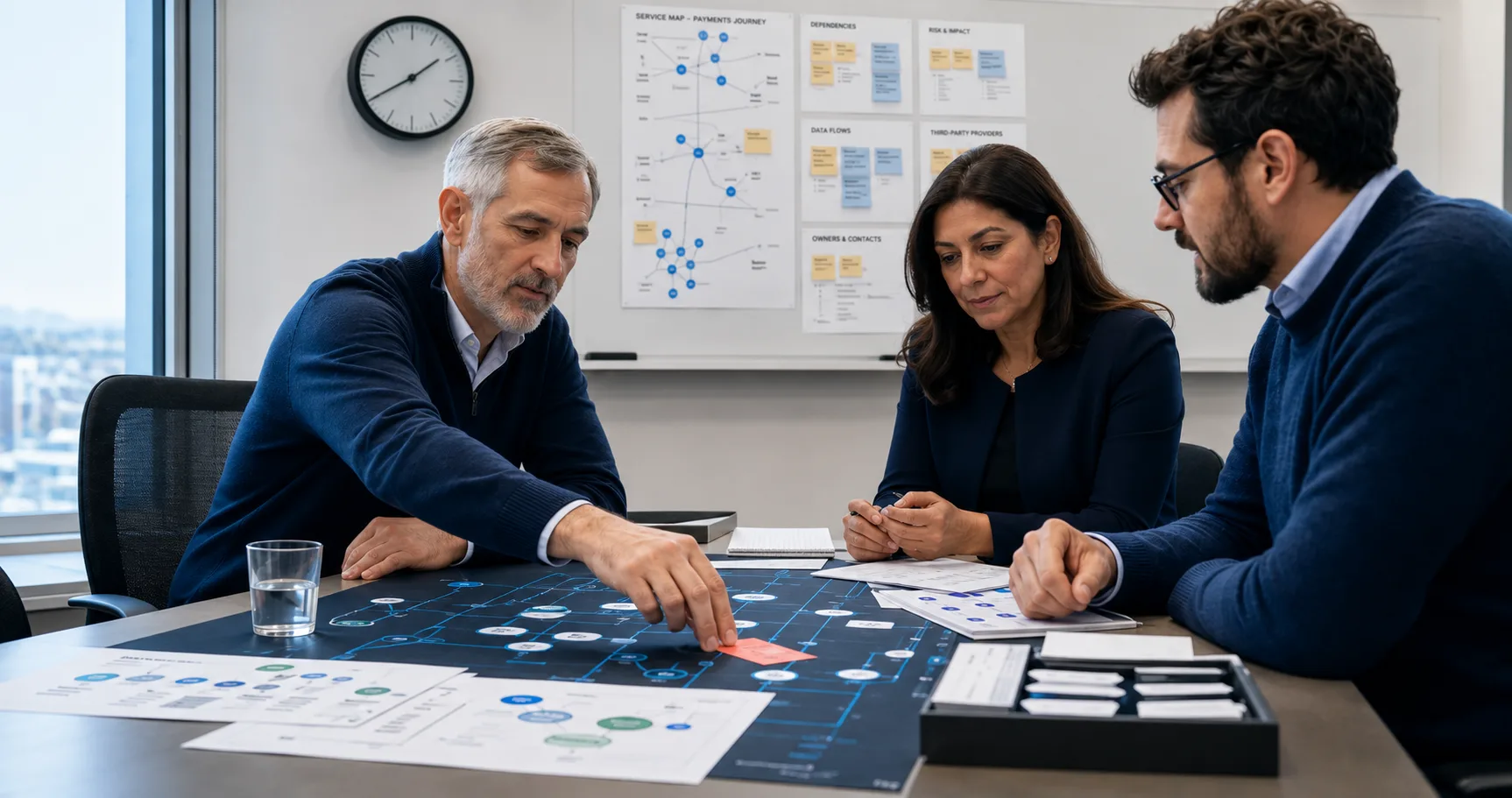 A financial-services technology team running a tabletop resilience exercise around a service map.